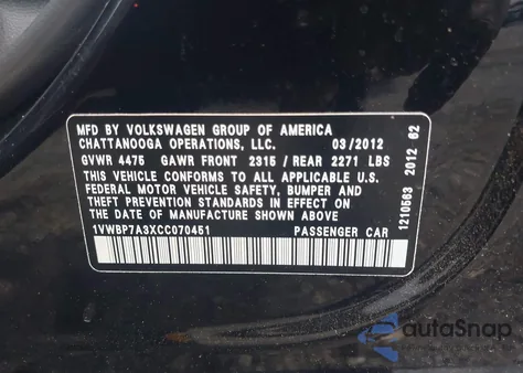 2012 Volkswagen Passat 2.5L Se из США, поврежденный, VIN 1VWBP7A3XCC070451